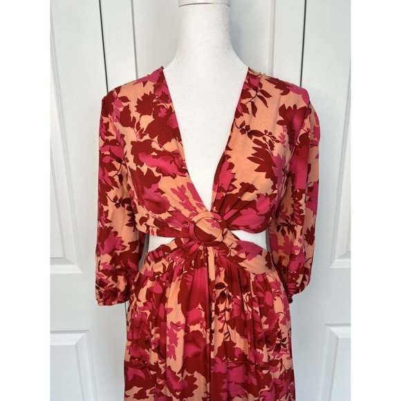 Fuchsia Floral V-Neck Cutout Backless Maxi Dress Size M Medium - Picture 7 of 11
